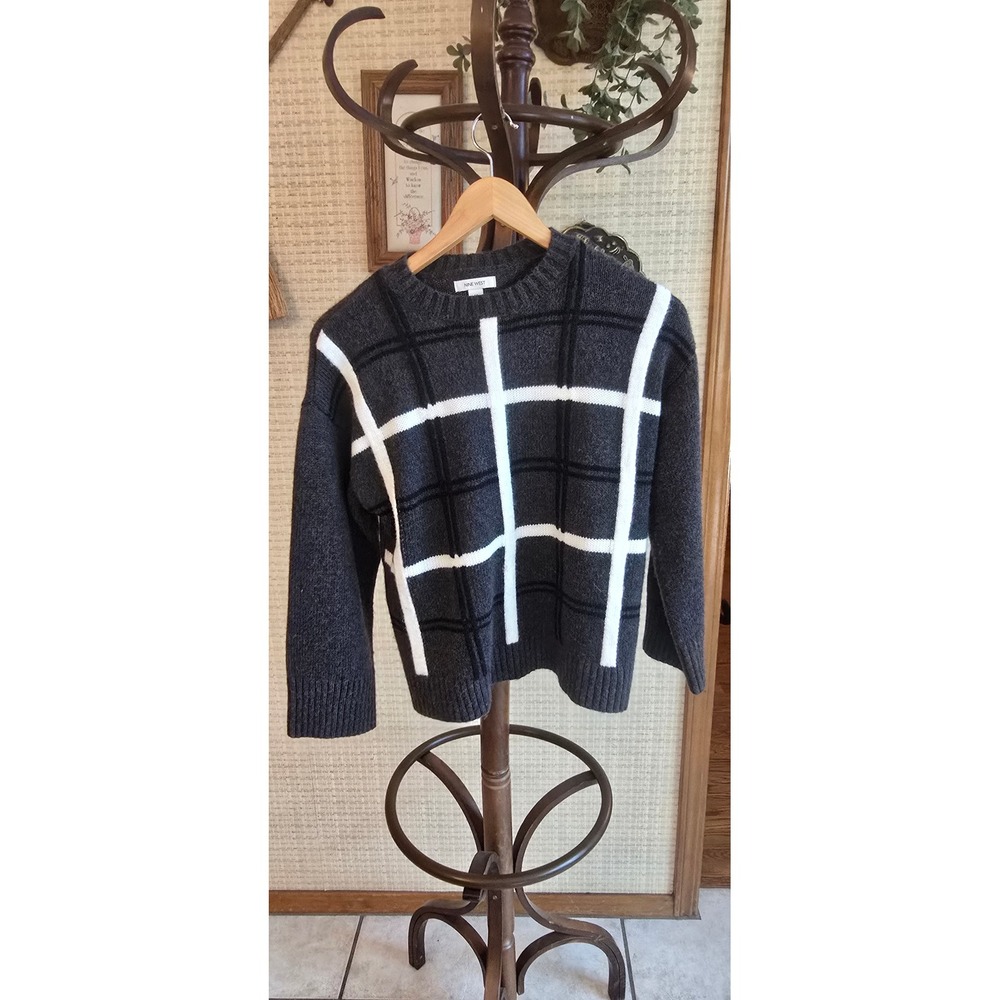 Nine West Womens Gray Windowpane Plaid Crewneck Sweater Size Medium